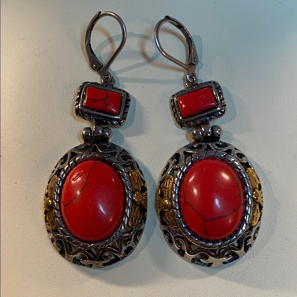 Elegant Red Jasper Agate, Silver and Gold Dangle Earrings